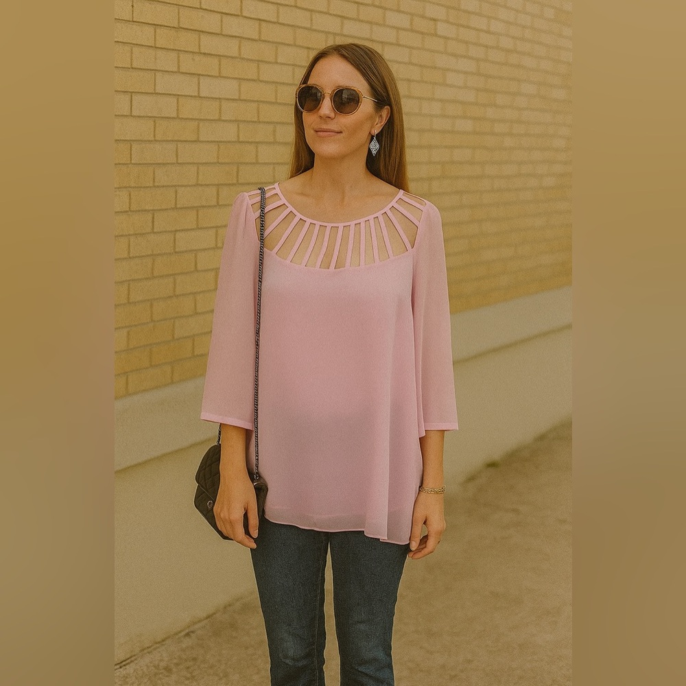 City Chic Pink scrappy cut shoulder, 3/4 sleeve top/blouse ; plus size  small